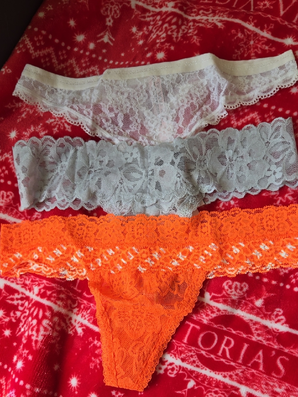 NWT Victoria's Secret Lace Thong Trio in White, Gray & Bright Orange